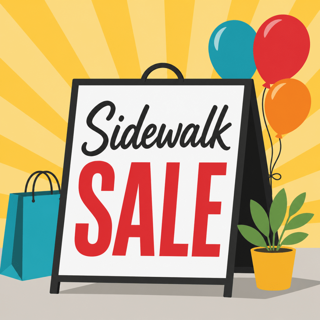 A sidewalk sign reading 'SALE' in bold red letters with 'Sidewalk' above; shopping bag, balloons, and a potted plant around it suggesting a sale event outdoors.