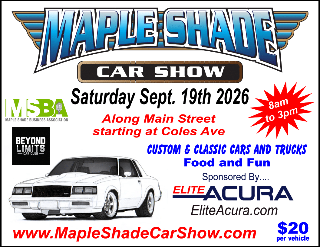 Maple Shade Car Show poster: date Sept 19, 2026, 8am–3pm, Along Main St starting at Coles Ave, with red text and a white car image.