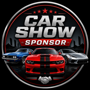 Circular promo badge reading 'CAR SHOW SPONSOR' with red, silver, and black design and three sports cars in the foreground (red center, blue left, silver right).